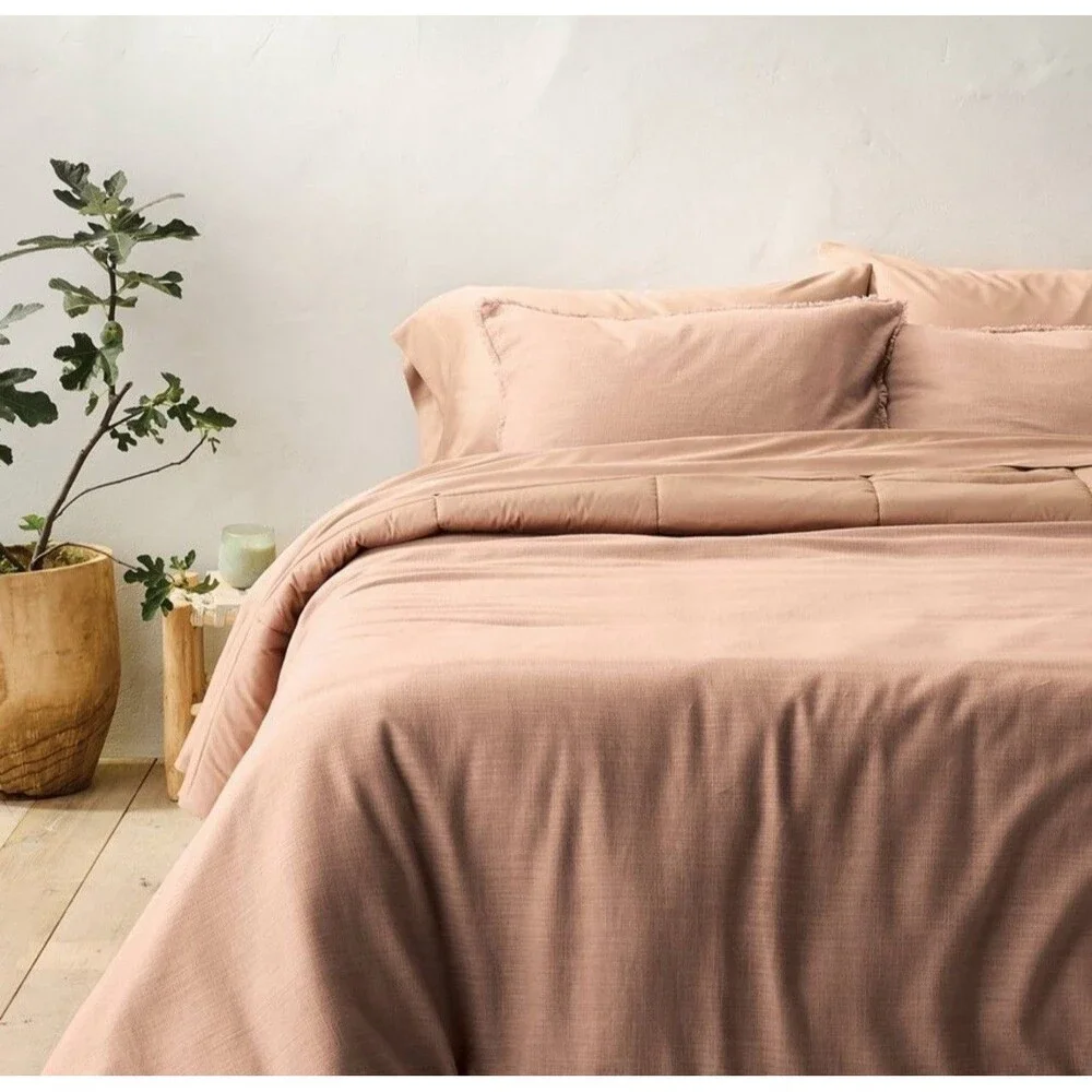 Queen Heavyweight Linen Blend Comforter and Sham Set Light Adobe Clay - NEW